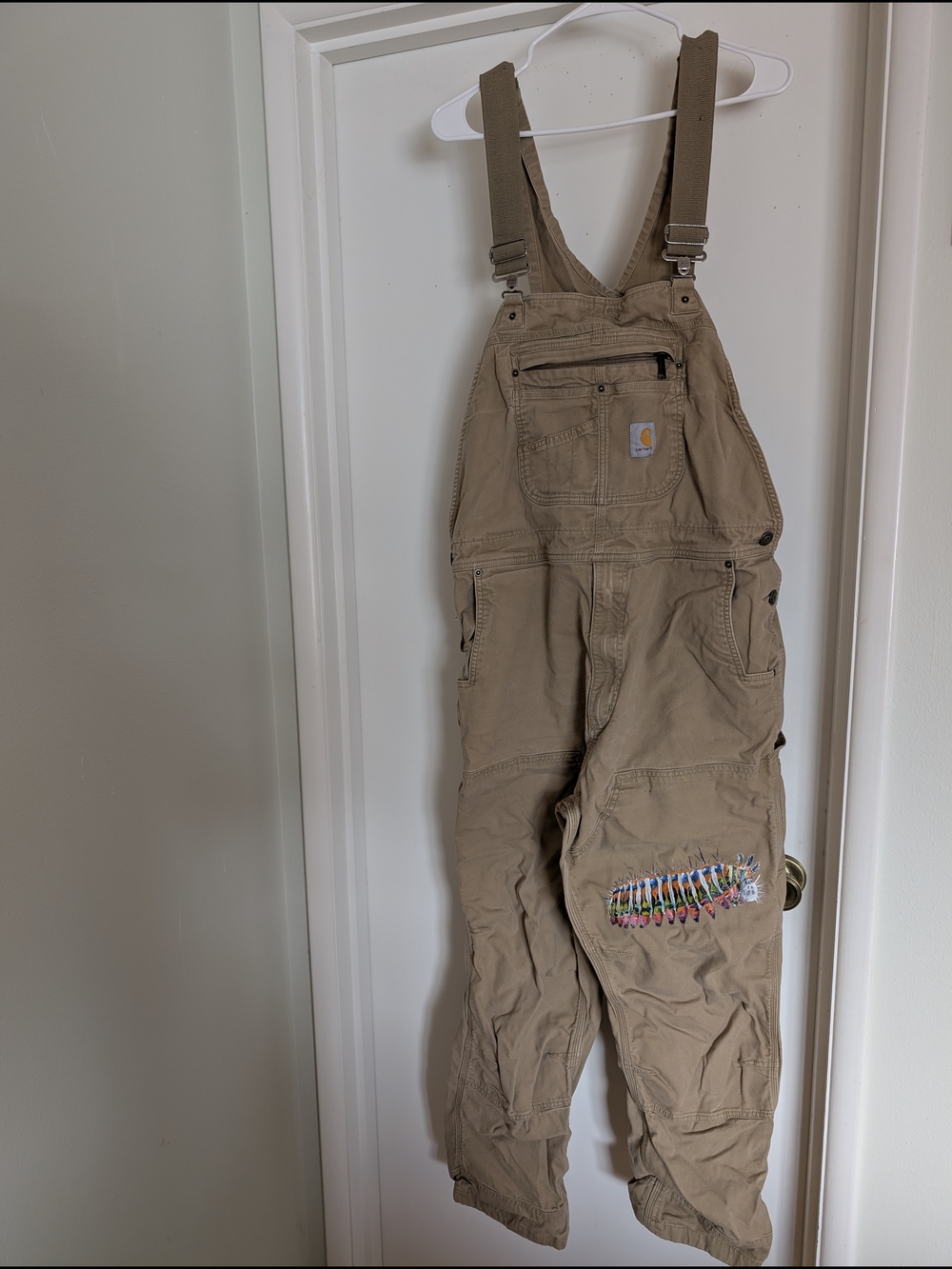 Carhartt Tan Workwear Bib Overalls with Custom Painted Caterpillar